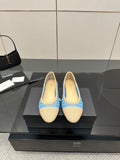 Chanel ladies slip-on flats with woven blue and beige fabric, rounded toe