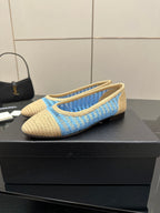 Chanel ladies woven flats, low block heel and blue-and-beige knitted upper