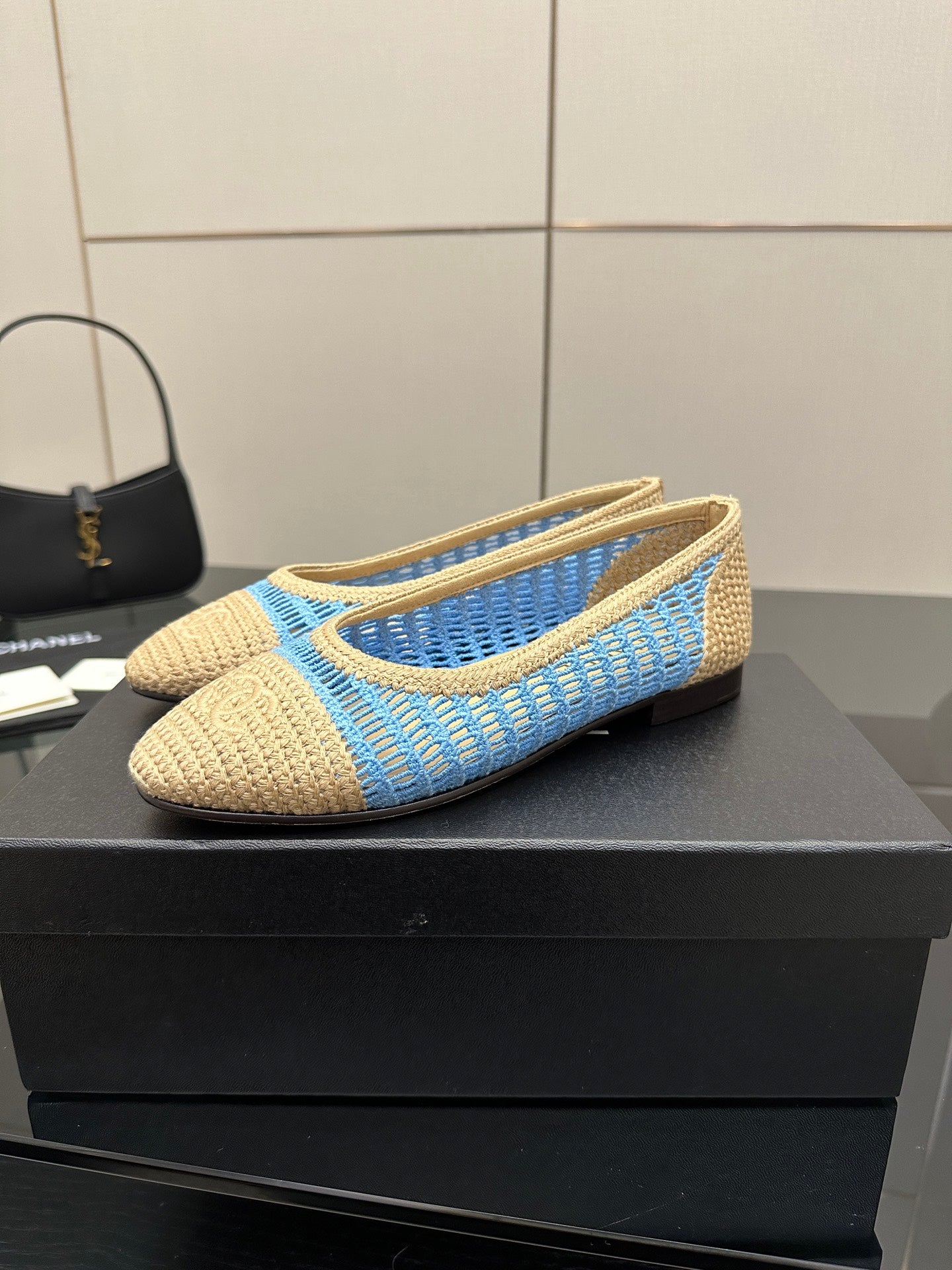 Chanel ladies woven flats, low block heel and blue-and-beige knitted upper