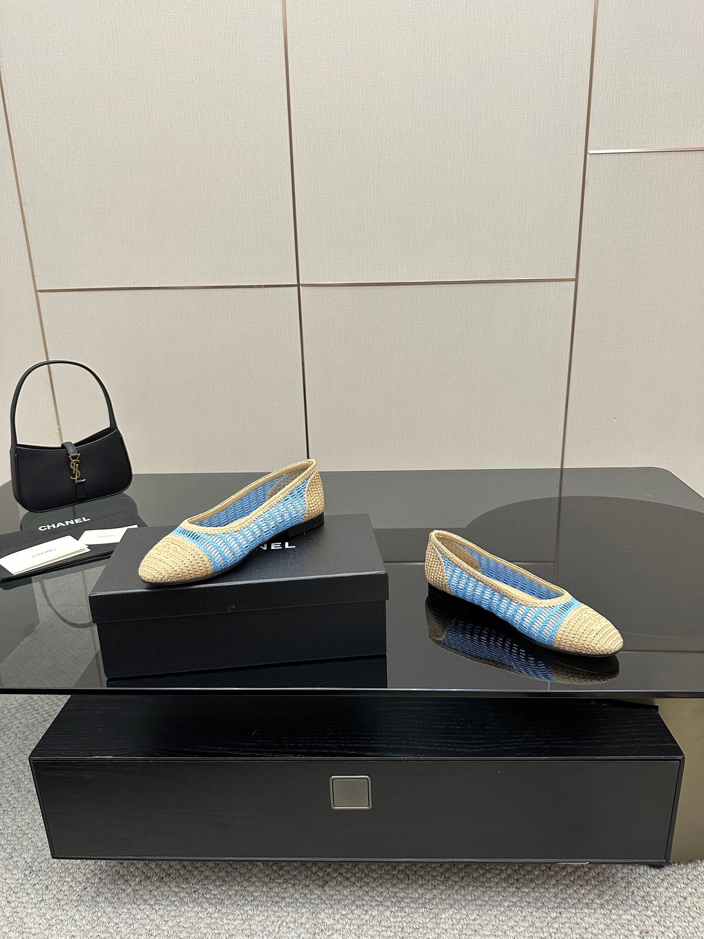Chanel ladies woven ballet flats, side angle with blue trim and beige toe