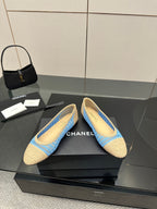 Chanel ladies woven ballet flats, blue knit with beige toe cap and side profile
