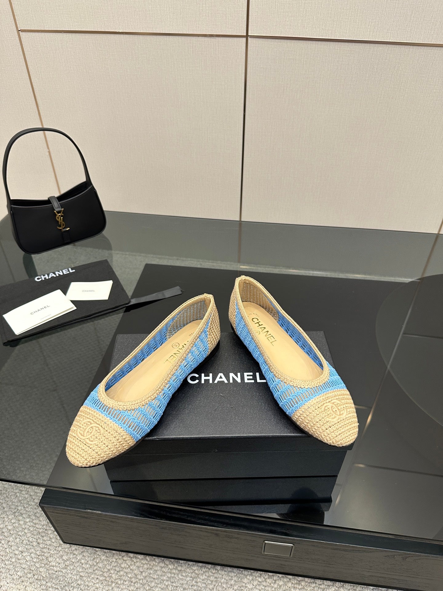 Chanel ladies woven ballet flats, blue knit with beige toe cap and side profile