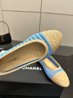 Chanel ladies woven flat close-up, CHANEL insole lettering on beige lining