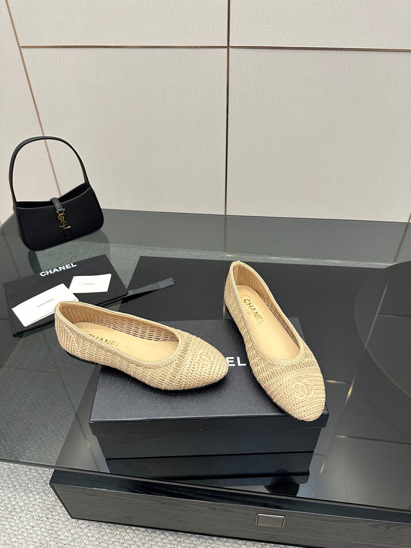 Chanel women’s slip-on flats, light beige woven knit upper and low profile sole