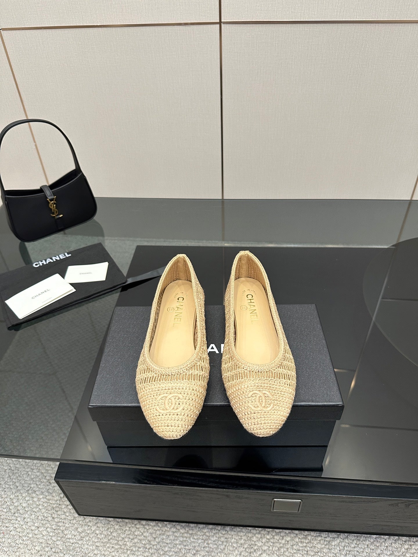 Chanel women’s woven ballet flats, light beige textured upper and low sole