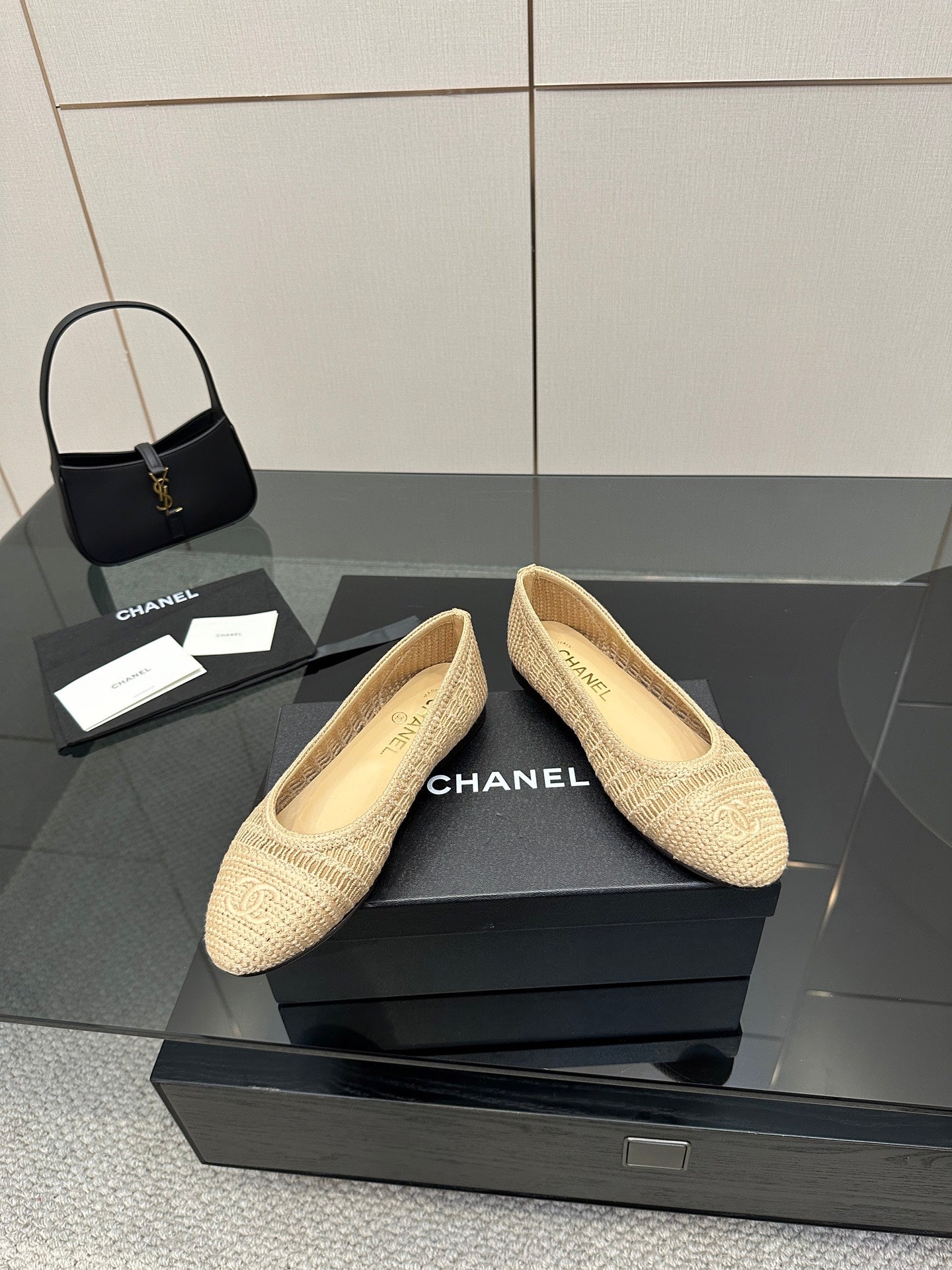 Chanel women’s woven slip-on flats with pointed toe, light beige texture and low heel