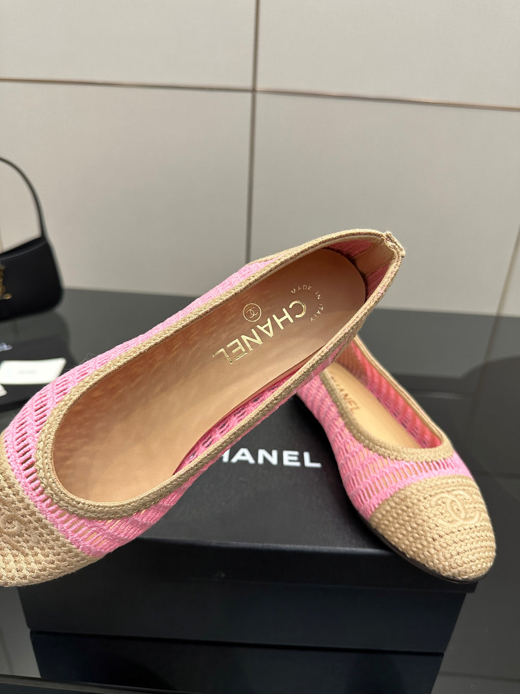 Women's Chanel ballet flats, beige interior and pink woven trim, logo on insole