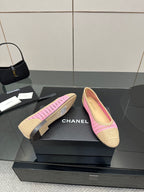 Women's Chanel ballet flats, beige crochet with pink trim, on display box