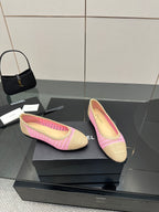 Women's Chanel ballet flats, beige woven with pink trim, side view