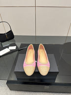 Women's Chanel woven ballet flats, beige with pink trim and logo on toe