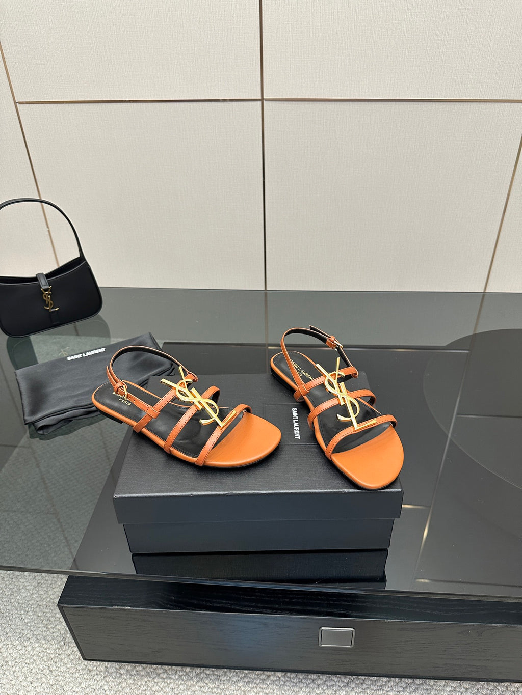 Women's strappy slide sandals, orange footbed with black straps and yellow-green cord trim