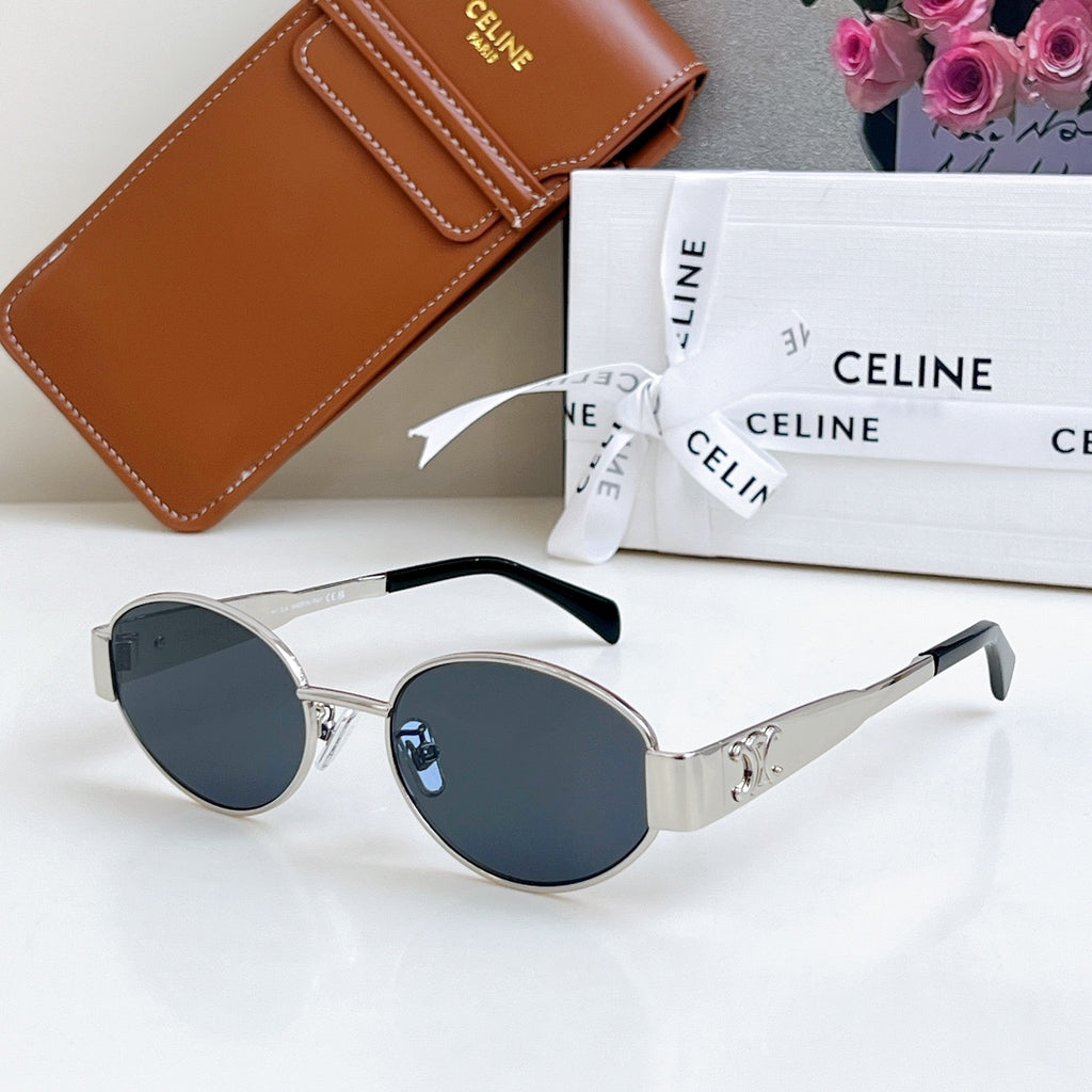 Celine sunglasses with silver frame and round dark blue lenses, with black temples