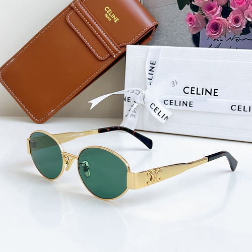 Celine sunglasses with gold frame and round green lenses, with black temples