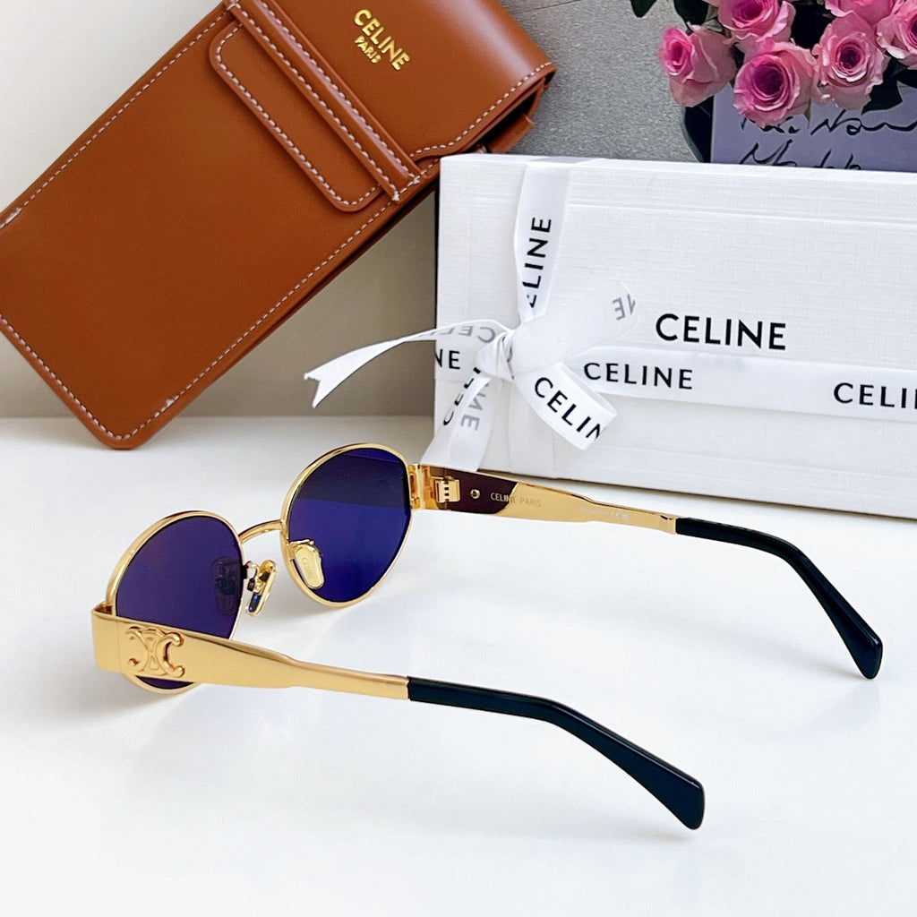 Celine sunglasses with gold frame and round purple lenses, with black temples