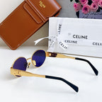 Celine sunglasses with gold frame and round purple lenses, with black temples