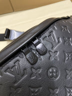 Men’s Louis Vuitton dark navy monogram belt bag close-up of strap and logo details