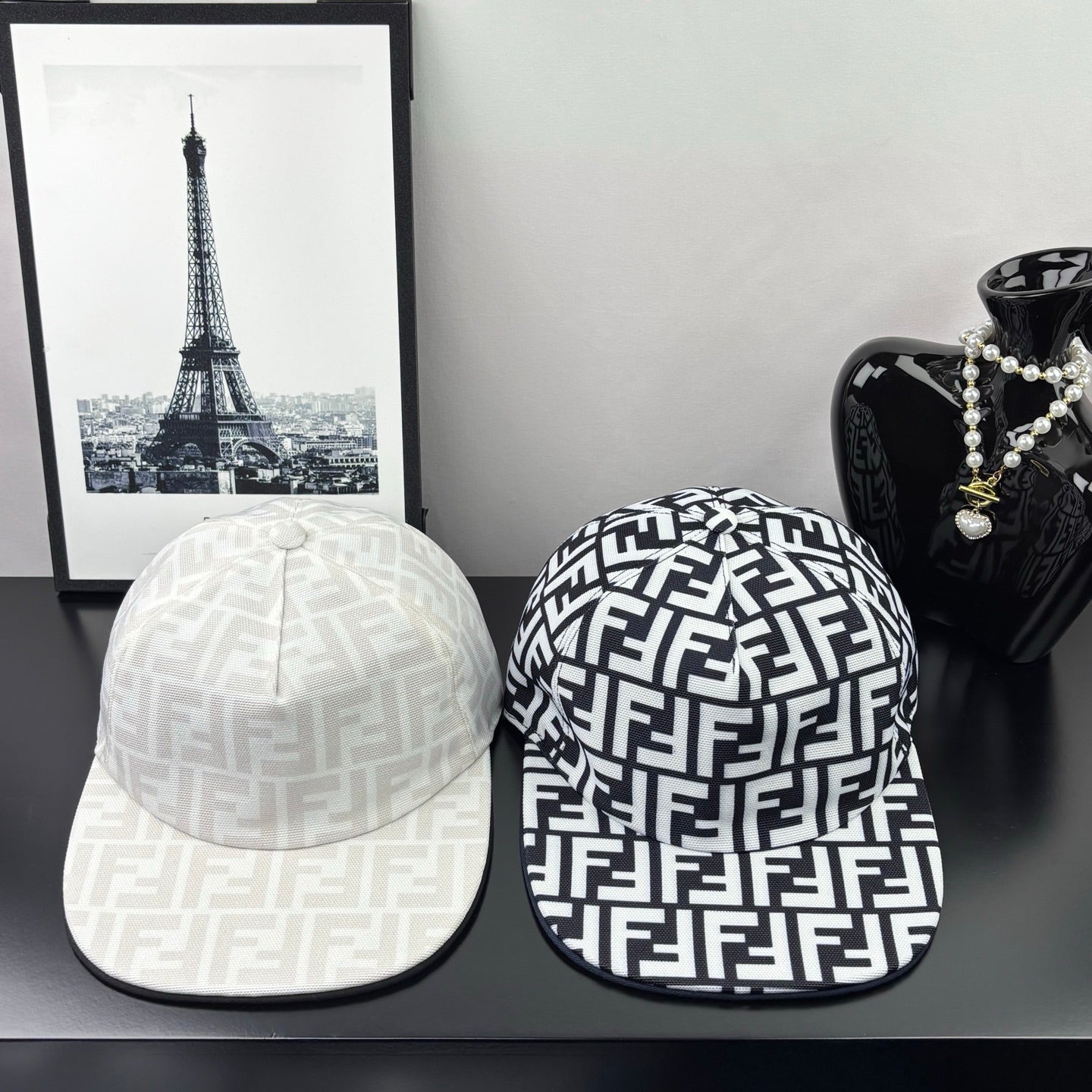 Fendi caps set: one light FF cap and one white-black FF monogram cap