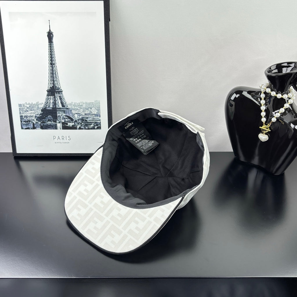 Fendi cap interior, black lining with label tag and light beige outer FF brim