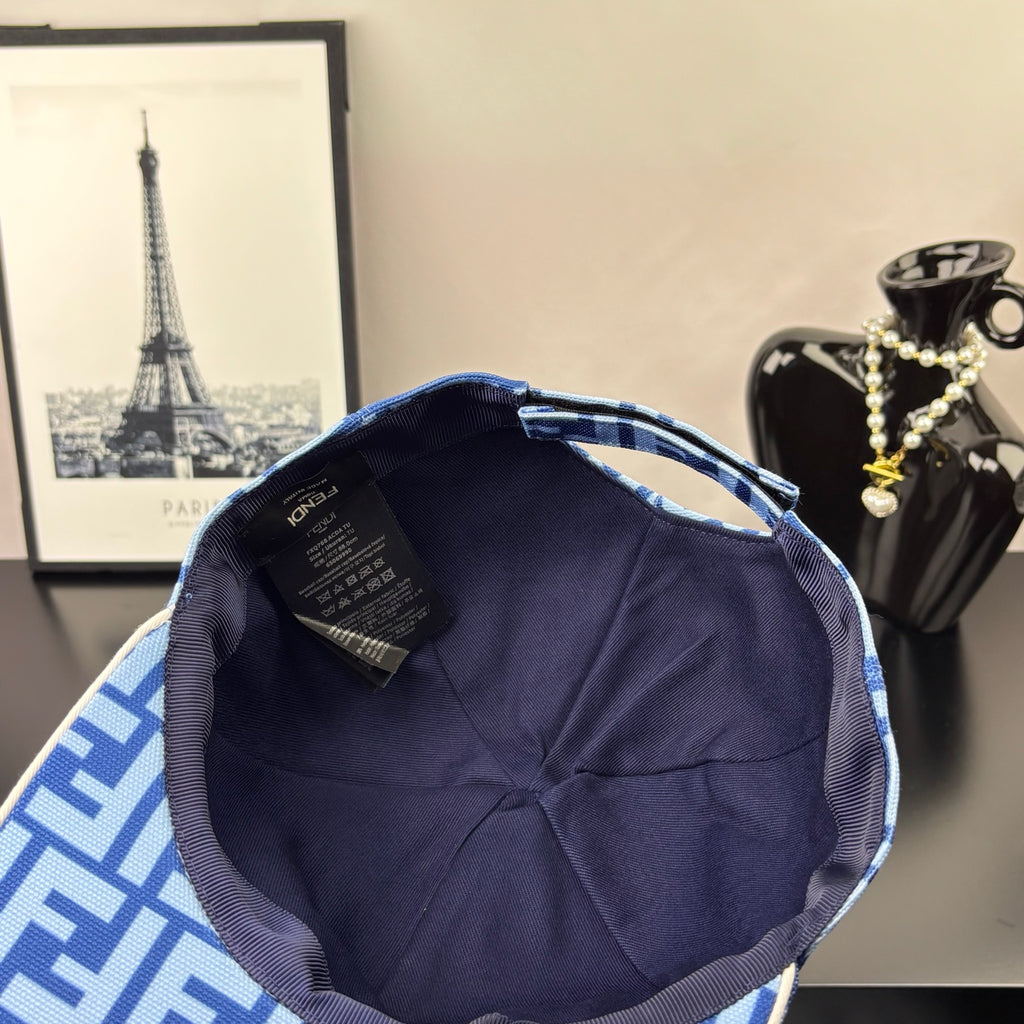 Fendi cap interior with navy lining and blue-and-white FF brim trim