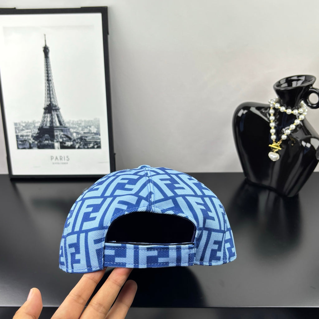 Fendi cap with blue and white FF monogram pattern, front opening view