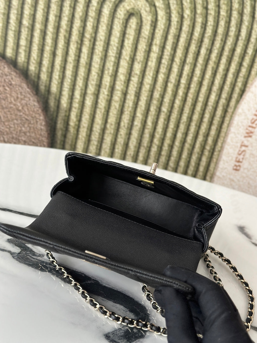Chanel bag, black leather interior opening with chain strap