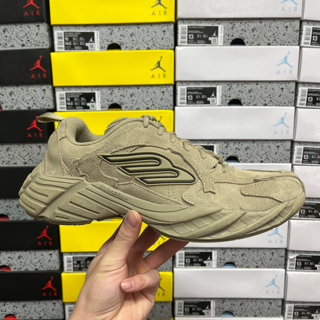 Beige suede lace-up sneaker with chunky sole and side logo
