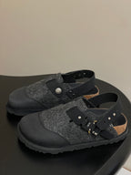 Dior mule sandals, gray textured upper with black cross strap and round metal button