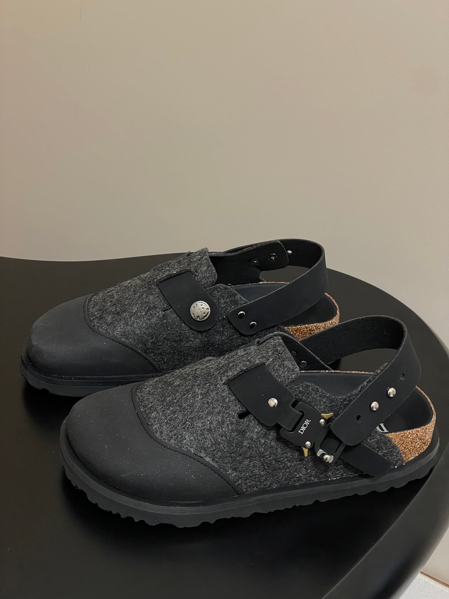 Dior mule sandals, gray textured upper with black cross strap and round metal button