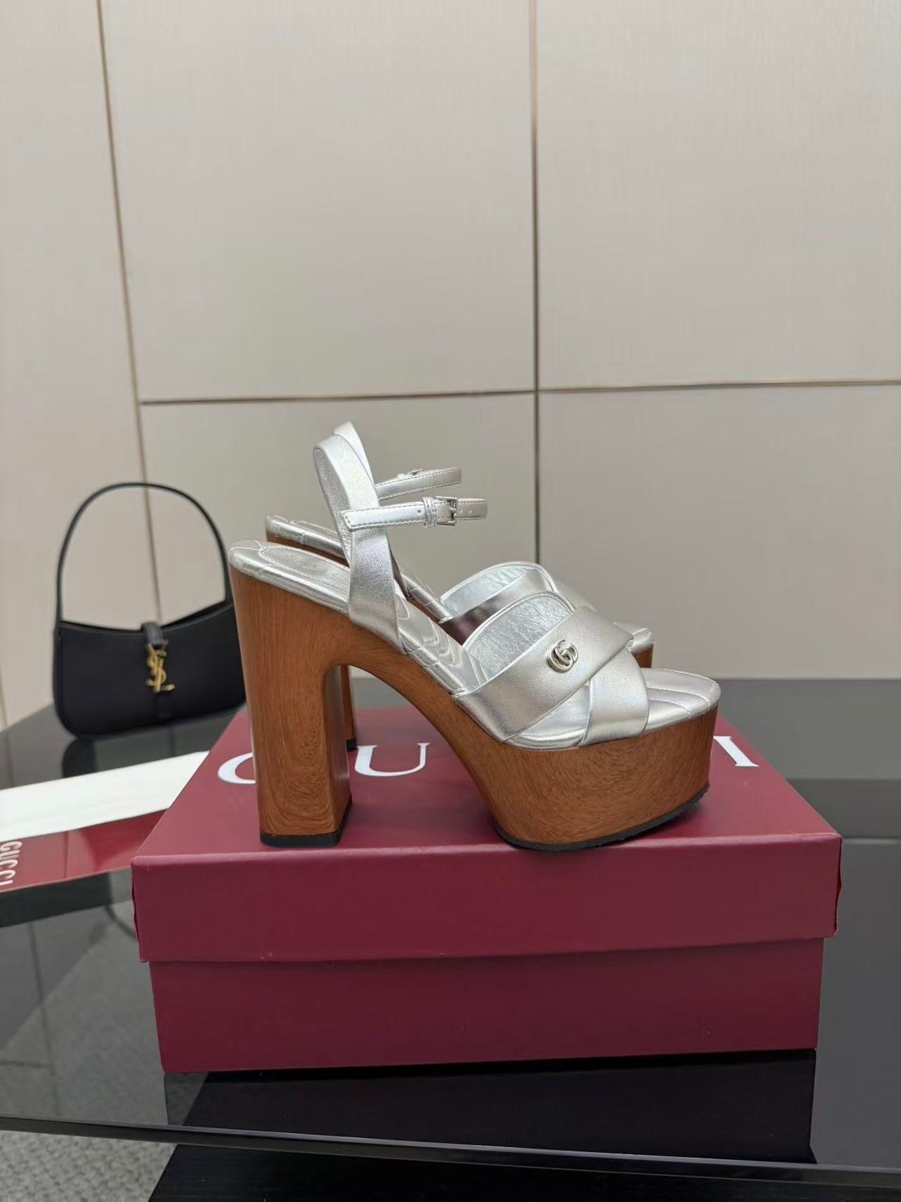 Gucci white platform heeled sandals with ankle strap and thick wooden block heel