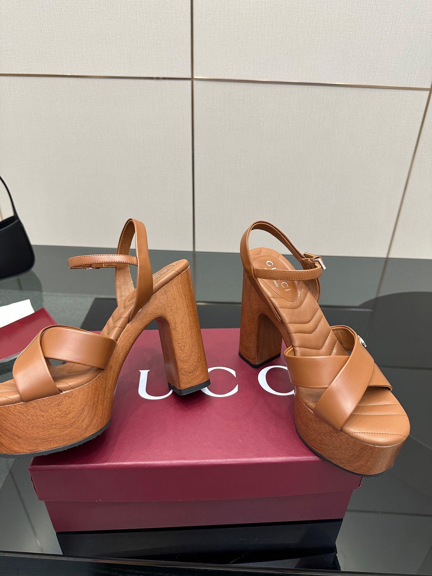 Gucci ladies platform heeled sandals, tan ankle-strap with chunky block heel