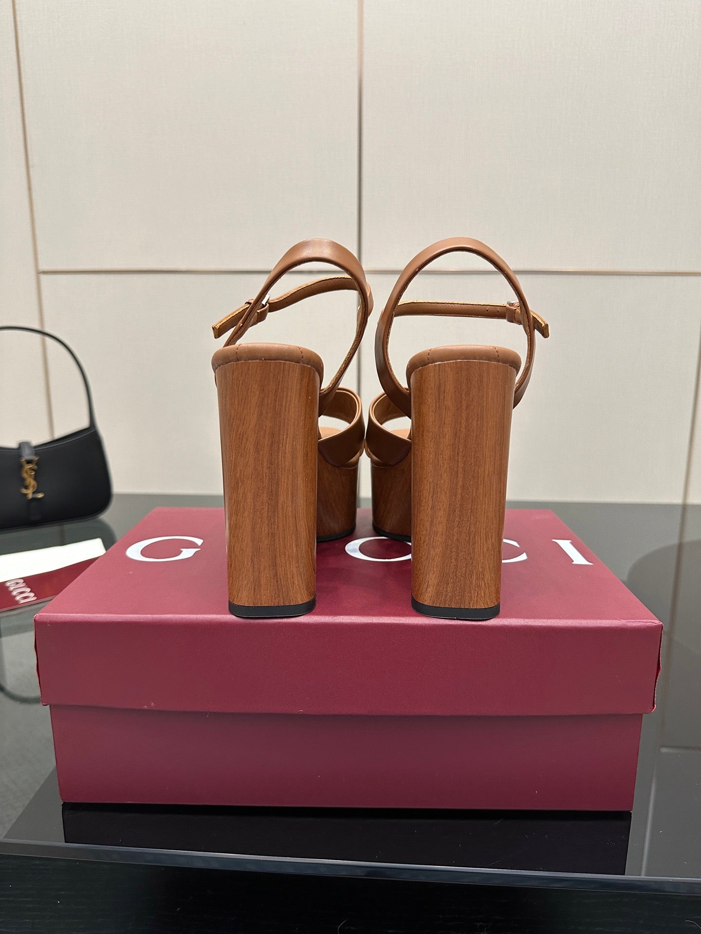 Gucci ladies platform sandals, tan thick heels with ankle straps, back view