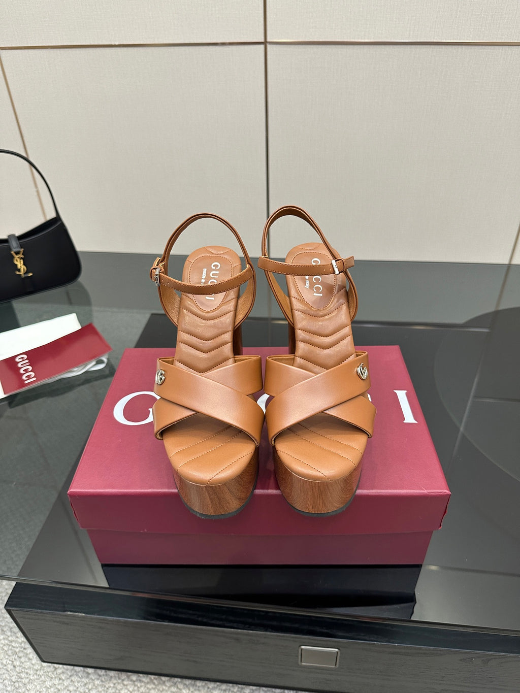 Gucci ladies platform heeled sandals, tan leather straps with buckle detail
