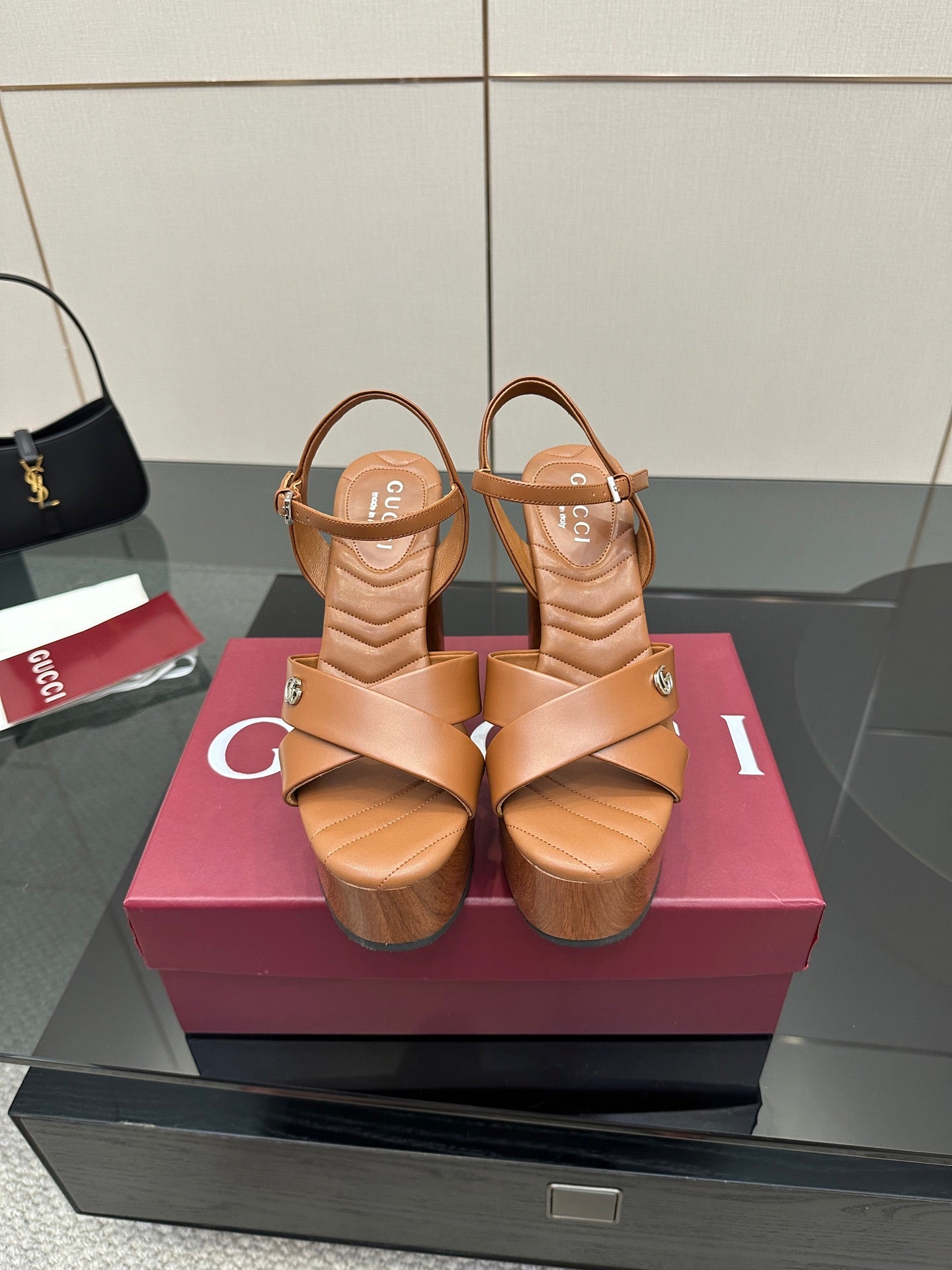 Gucci ladies platform heeled sandals, tan leather straps with buckle detail