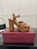 Gucci ladies platform heeled sandals, tan leather straps and wooden block heel