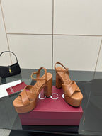Gucci ladies heeled sandals, tan crisscross straps and cork platform