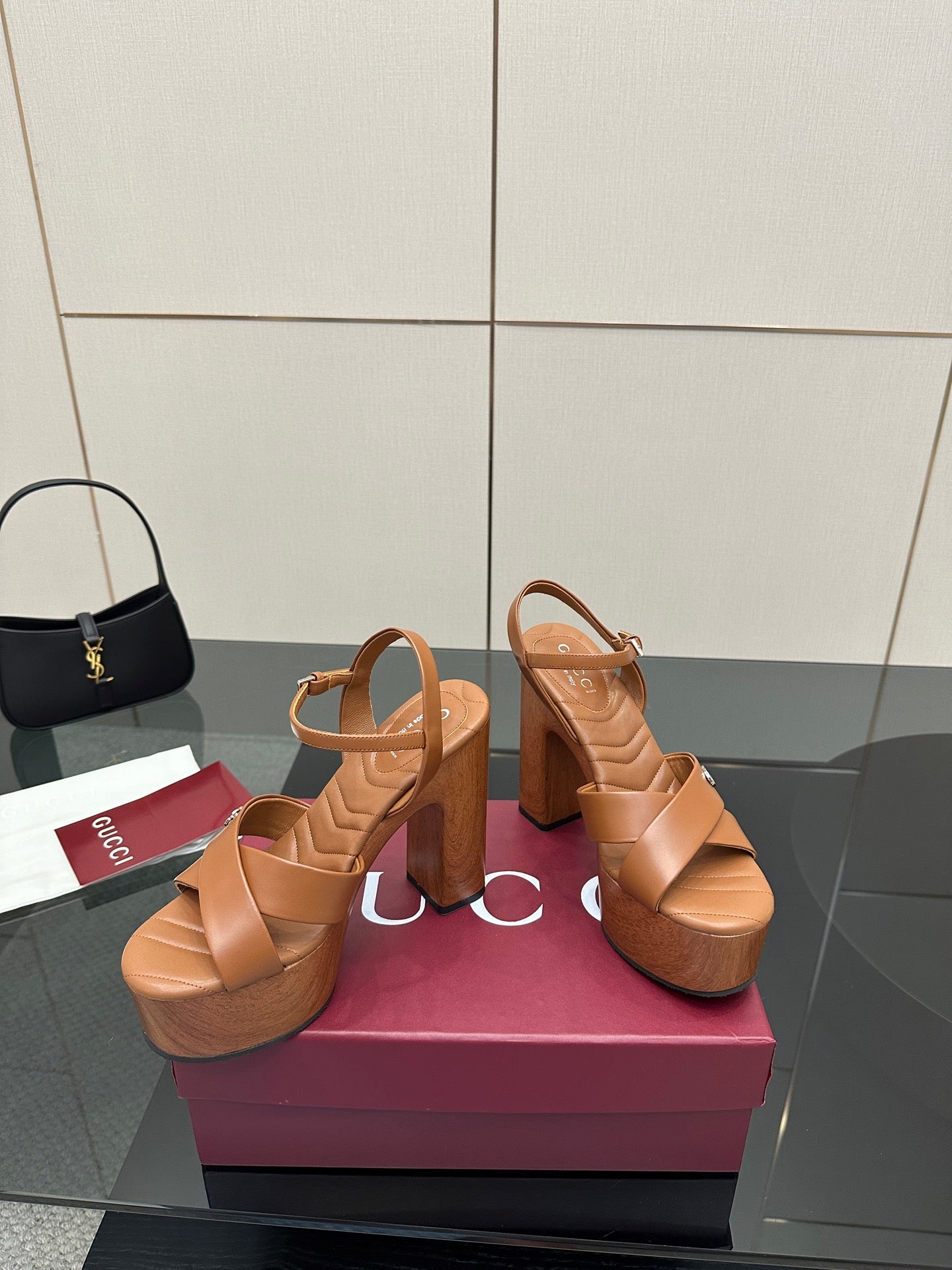 Gucci ladies heeled sandals, tan crisscross straps and cork platform