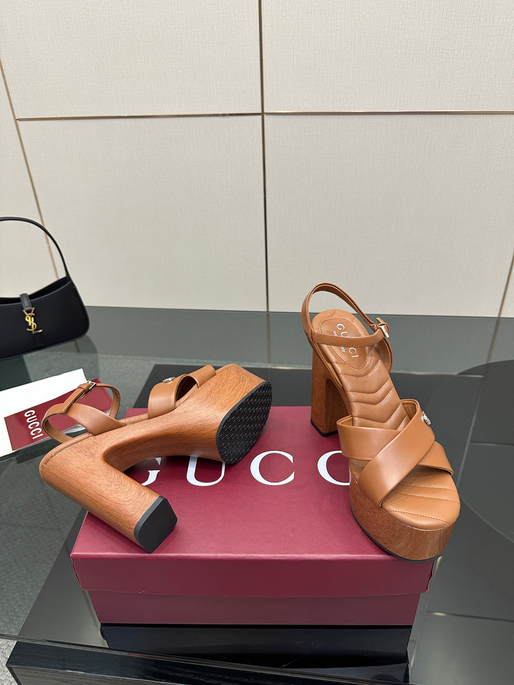 Gucci ladies platform heeled sandals, tan straps with textured sole, open-toe