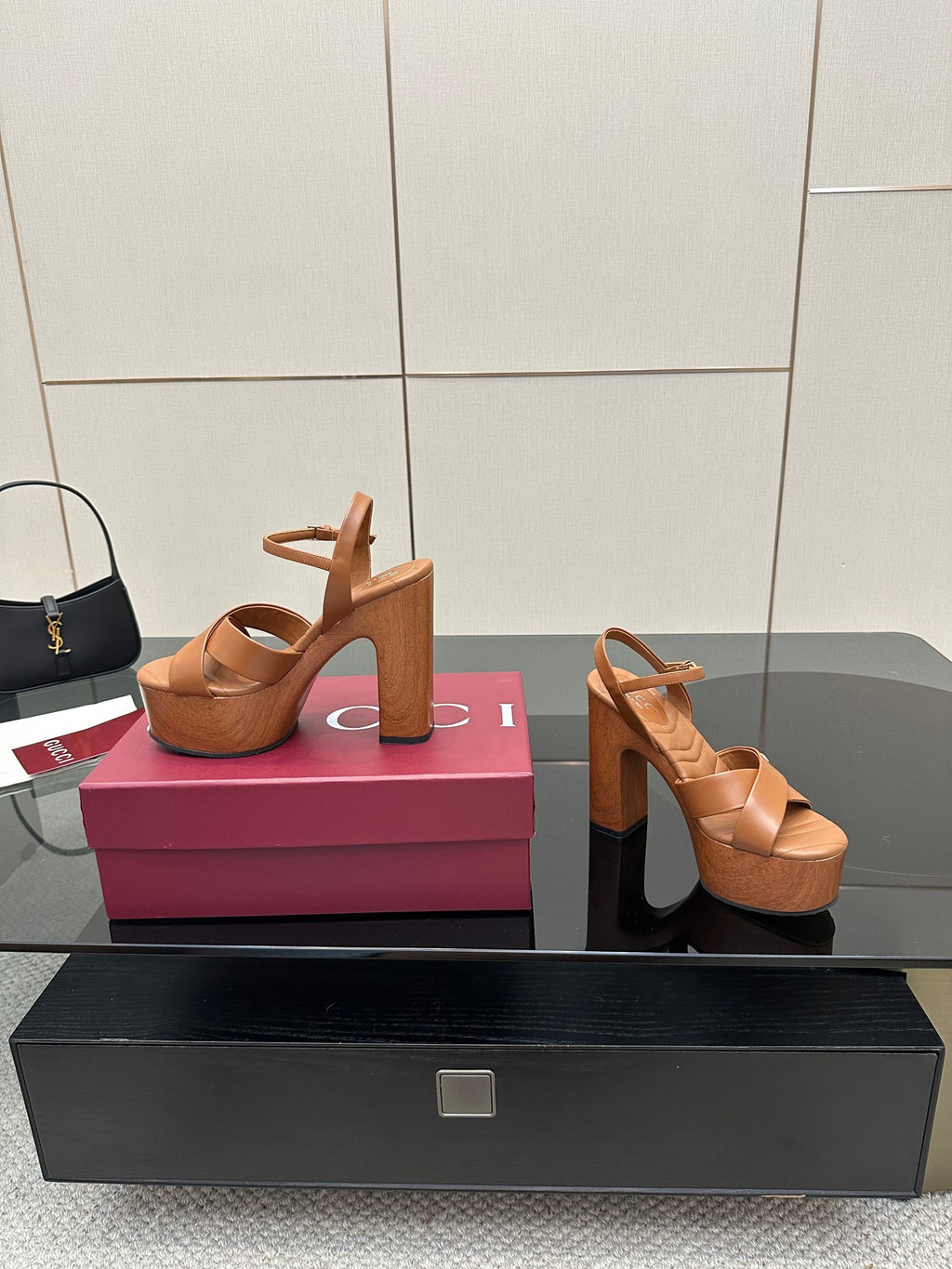 Gucci ladies platform sandals, tan leather straps with wide block heel, side view