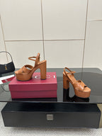Gucci ladies platform sandals, tan leather straps with wide block heel, side view