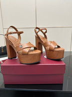 Gucci ladies platform sandals, tan cross-strap design on chunky wood heel