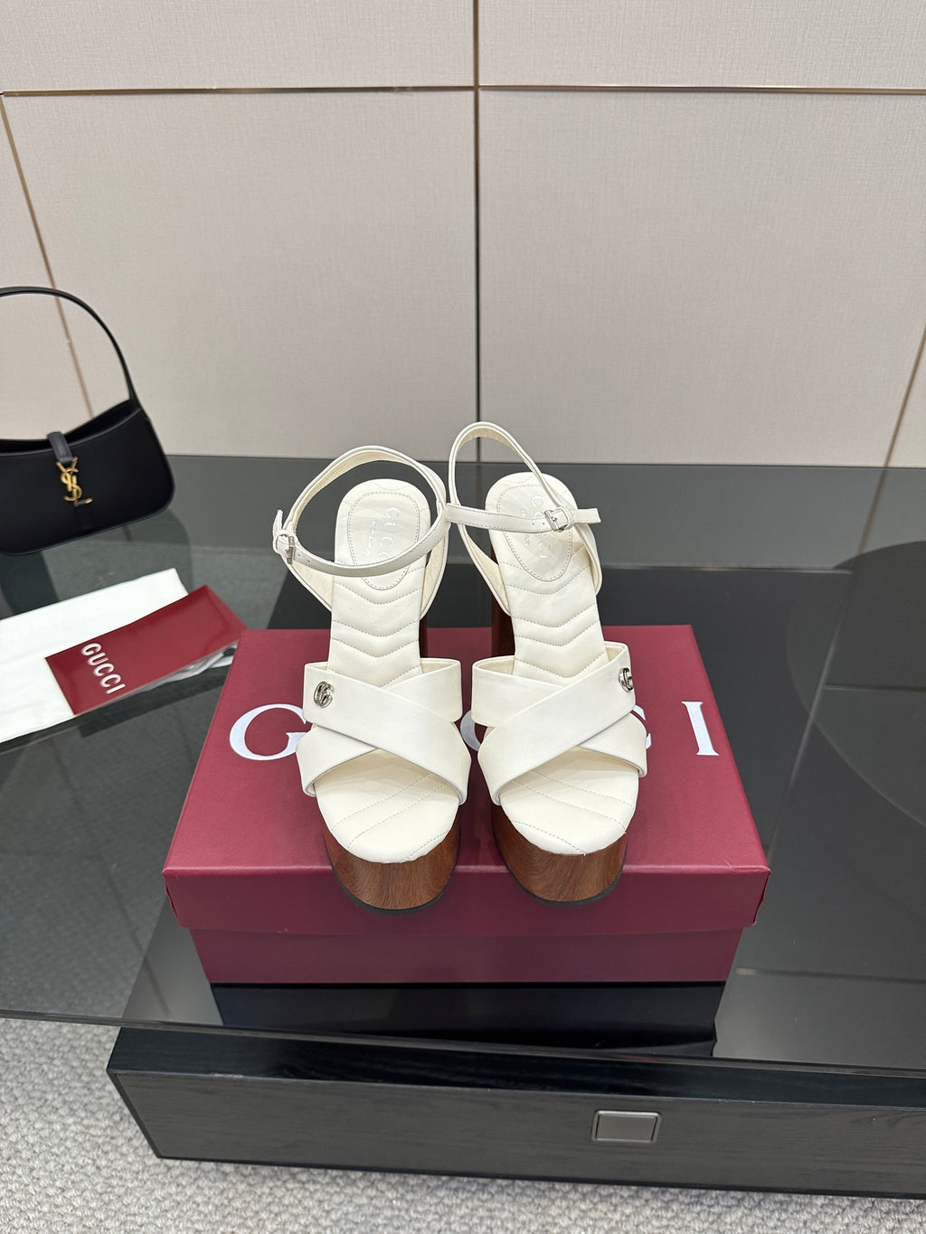 Gucci ladies white platform heeled sandals with crisscross straps and ankle strap