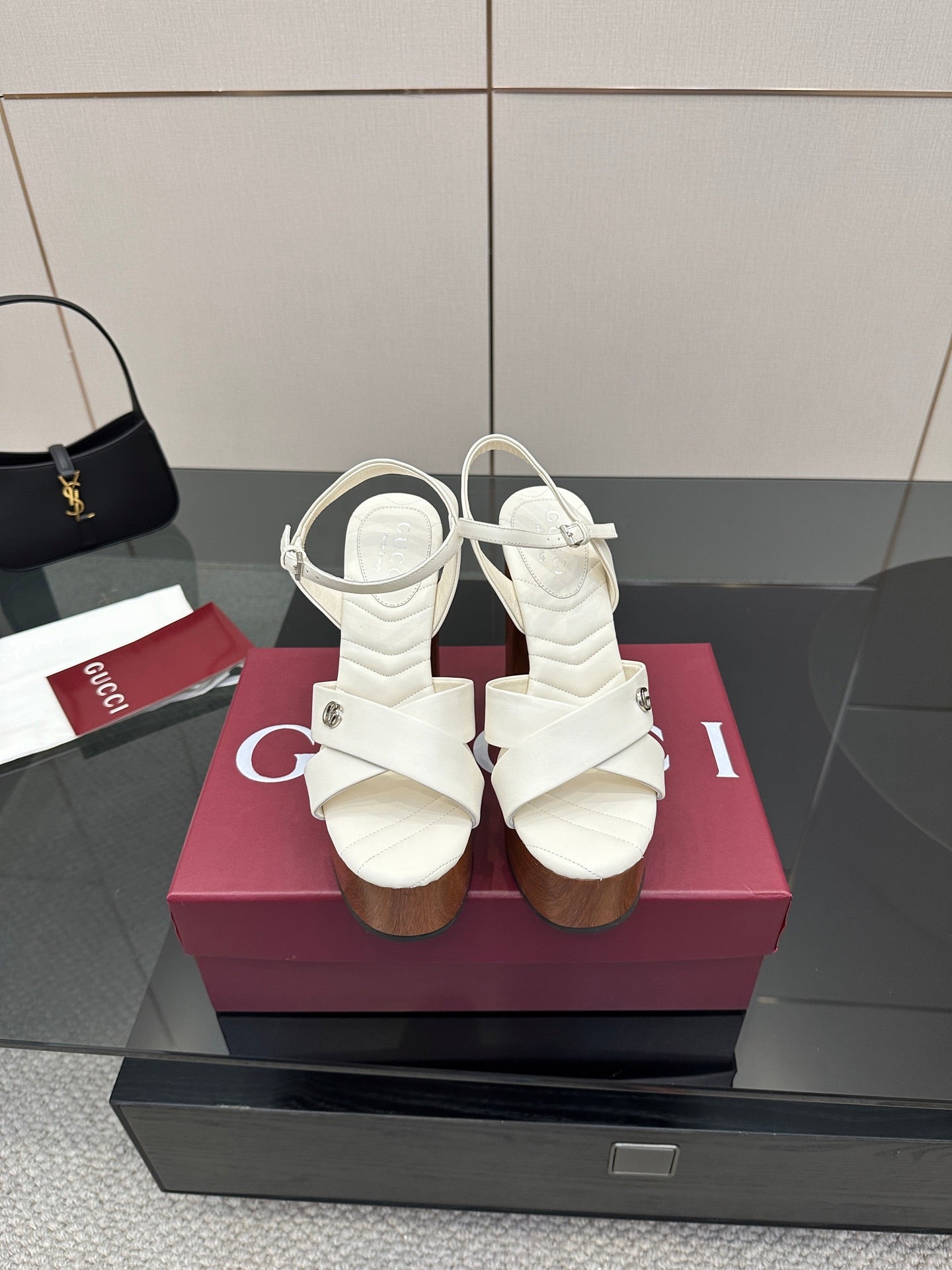 Gucci ladies white platform heeled sandals with crisscross straps and ankle strap