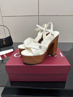 Gucci ladies white platform heeled sandals with ankle strap and chunky block heel