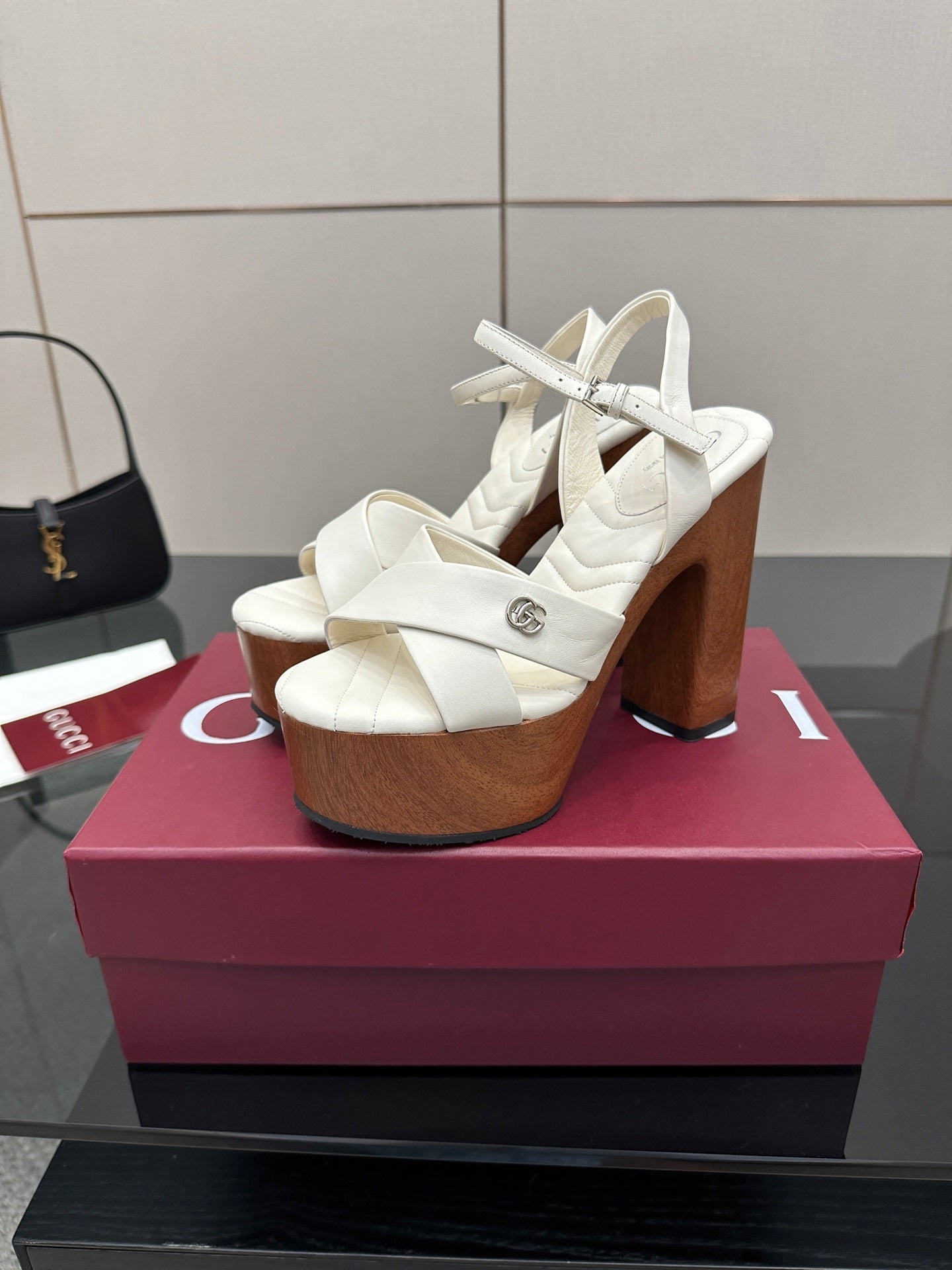 Gucci ladies white platform heeled sandals with ankle strap and chunky block heel