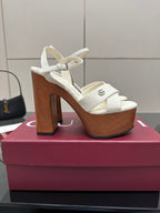 Gucci ladies white platform heeled sandal with ankle strap and chunky block heel