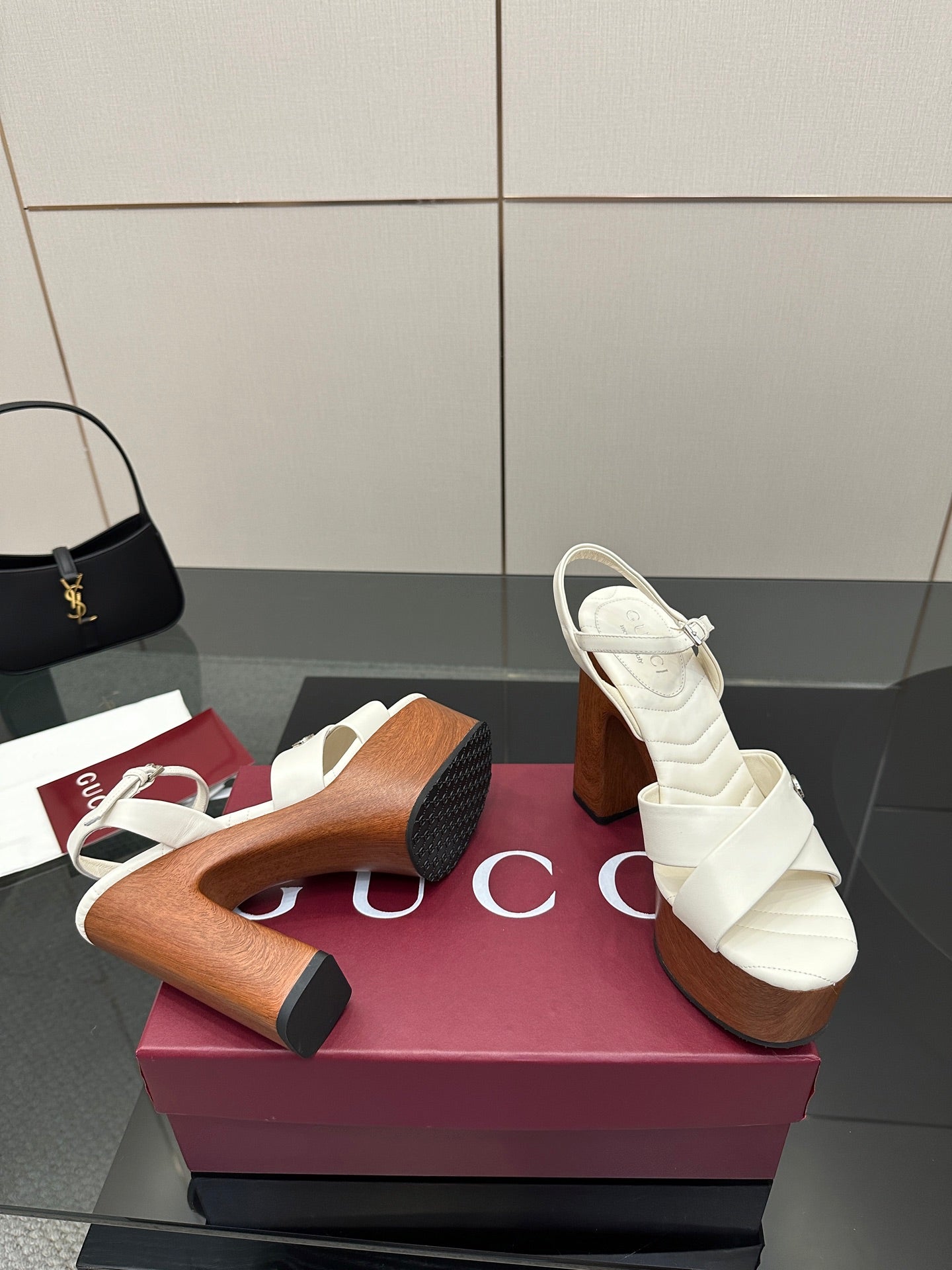 Gucci ladies white platform heeled sandals with crisscross straps and chunky heel