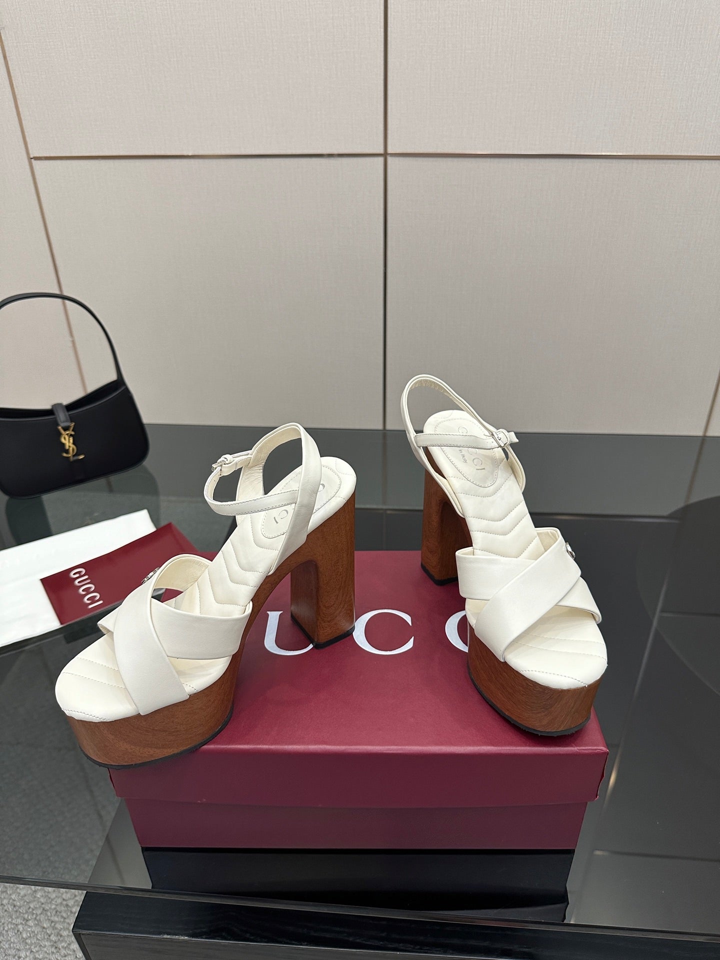 Gucci ladies white platform heeled sandals with thick wooden-style heel and straps
