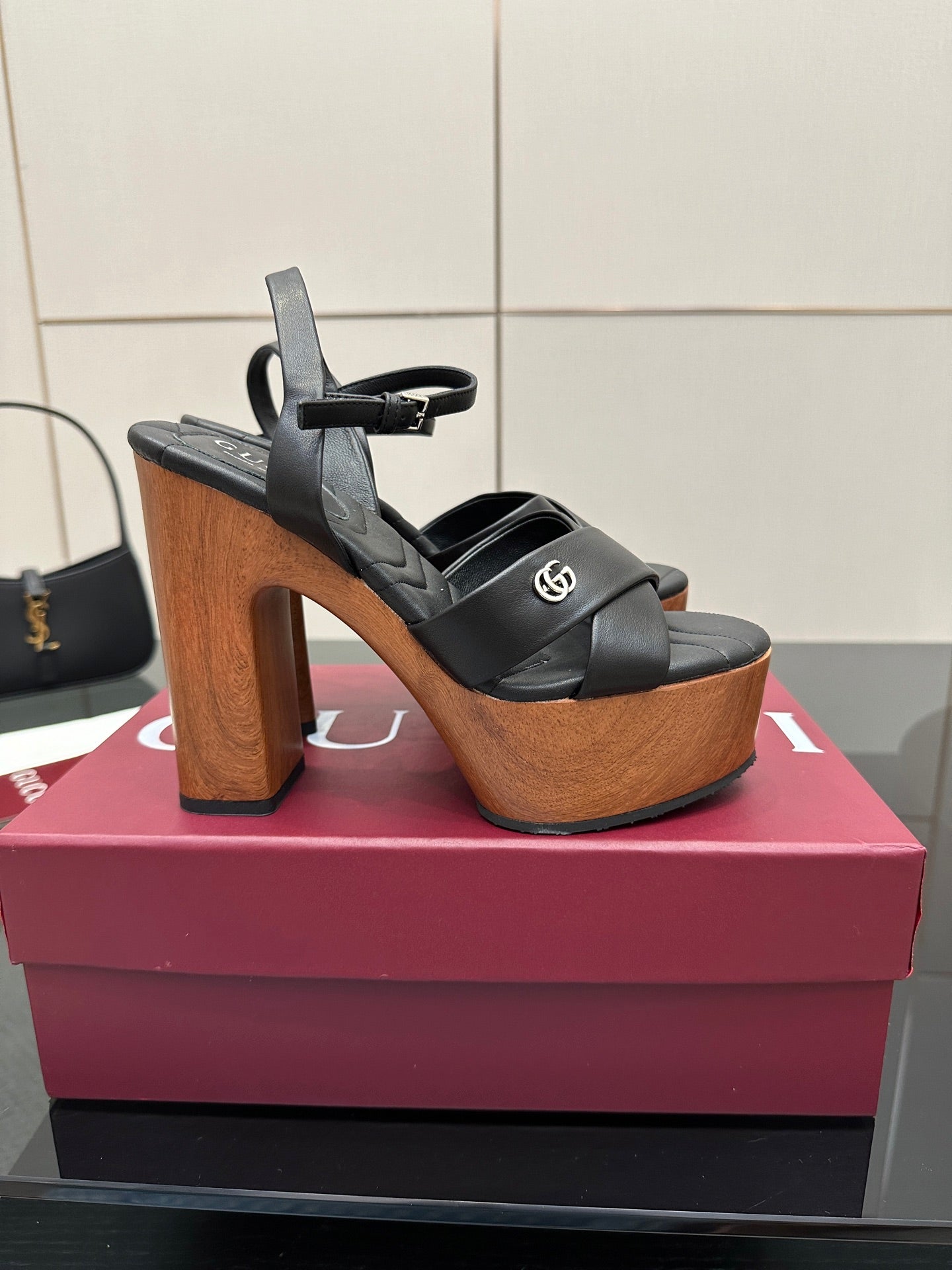 Gucci black platform heeled sandals with ankle strap and wood-look stacked block heel
