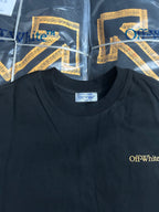 Off-White crewneck T-shirt with small gold Off-White logo on dark fabric