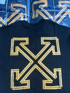 Off-White T-shirt with large gold arrow X graphic on dark front